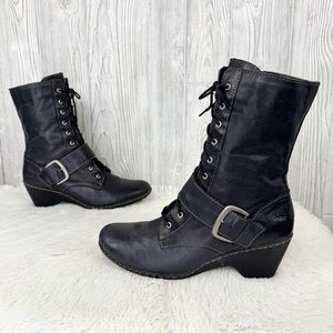 b.o.c. Born black leather mid-calf moto boots 11 buckles lace up combat 43
